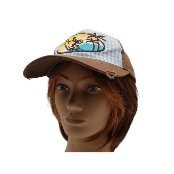 Surfer Logo Blue Checker Brown Hat Beach Island Ocean Surf Sun Distressed OSFM - Picture 10 of 12